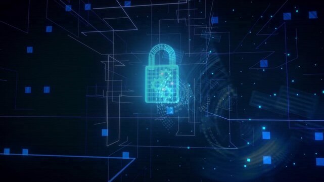 Futuristic digital background with glowing blue grid lines and a floating padlock icon containing animated spinning gears, representing cyber security.