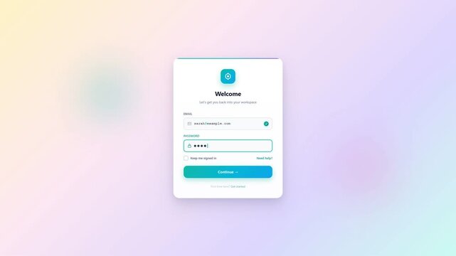 Login screen workflow showing password entry loading state and welcome dashboard with revenue analytics