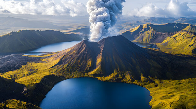 Majestic active volcano erupting smoke ash cloud under dramatic mountain sky