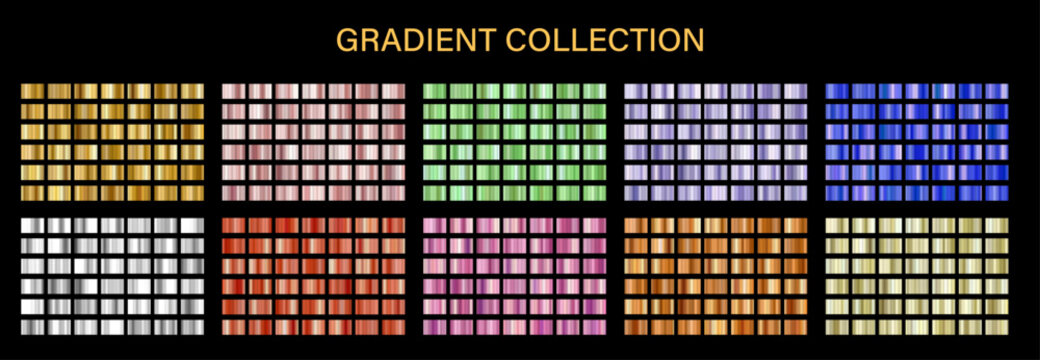 Gold gradient and Foil collection. Copper and metallic swatch degrade. Shiny rose Gold, silver, and holographic Vector backgrounds.