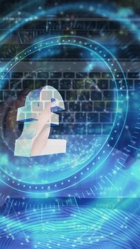 Vertical video: HUD appearing, woman's fingers rotating 3D pound, showing finance UI over keyboard
