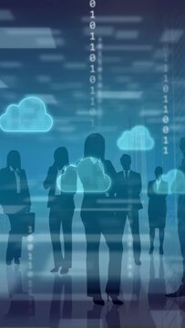 Vertical video: Cloud icons rising, binary falling, central silhouette moving, showing cloud data