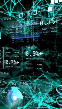 Vertical video: Viewport sweep starting teal network pulsing HUD panels sliding showing market data