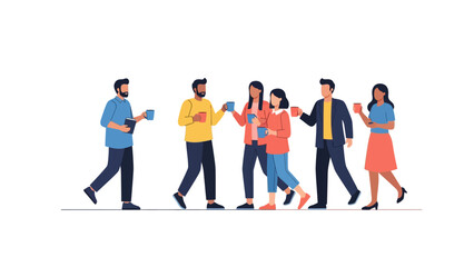 Fototapeta premium Diverse Group of People Walking and Socializing with Coffee Cups Flat Vector Illustration