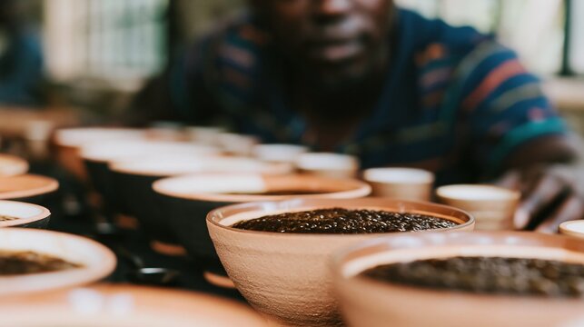 Row of ceramic coffee cupping bowls with brewed grounds for quality testing, specialty industry evaluation and beverage training during an artisanal session