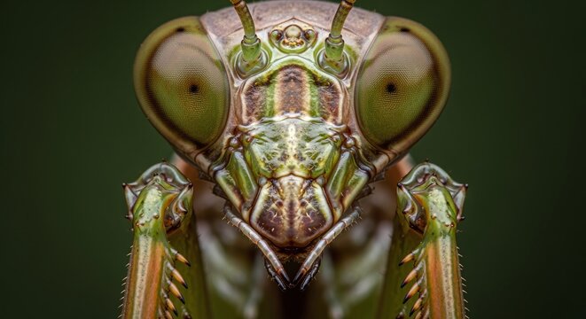 Intricate details of a praying mantis face, a captivating macro shot showcasing its alien-like features and textured exoskeleton.