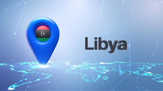 Libya Flag Inside Location Pin On Digital World Map Animation