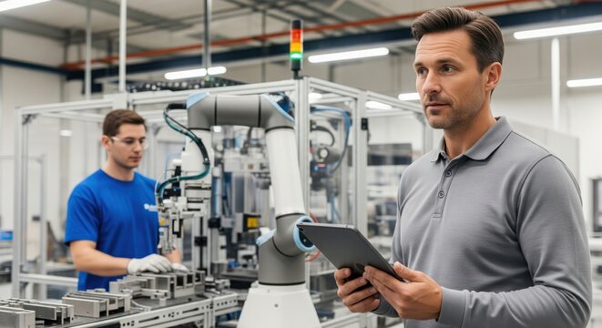 Supervisor reviewing collaborative cell with worker and robot in action shows leadership, process visibility and trusted human machine manufacturing operations.