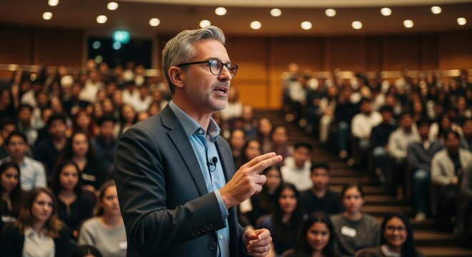 Senior classroom teacher wearing smart jacket leads scientific discussion for students in large auditorium. Expert professor conducts educational presentation with expressive gestures.