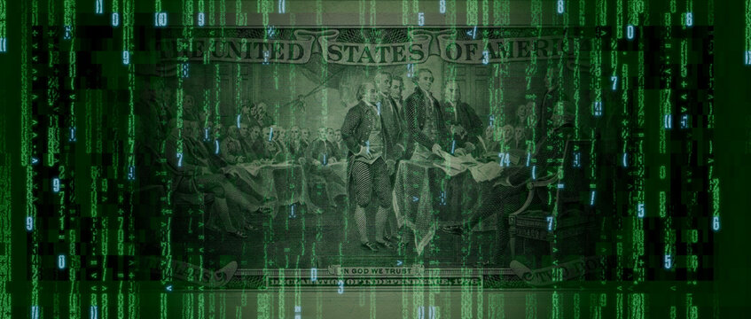 Digital Money Concept with Two Dollar Bill made up of Code. Blockchain Finance Wallpaper.