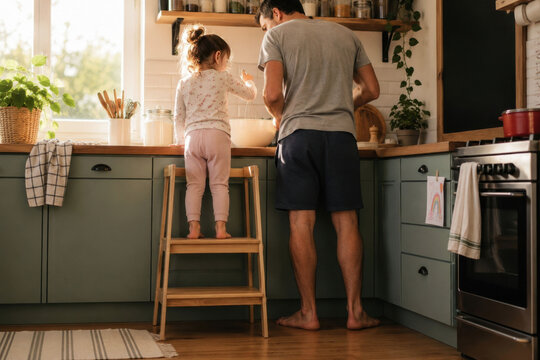Father and daughter making food in a sunny kitchen