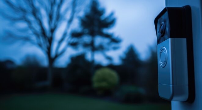 Smart doorbell camera capturing evening scene.
