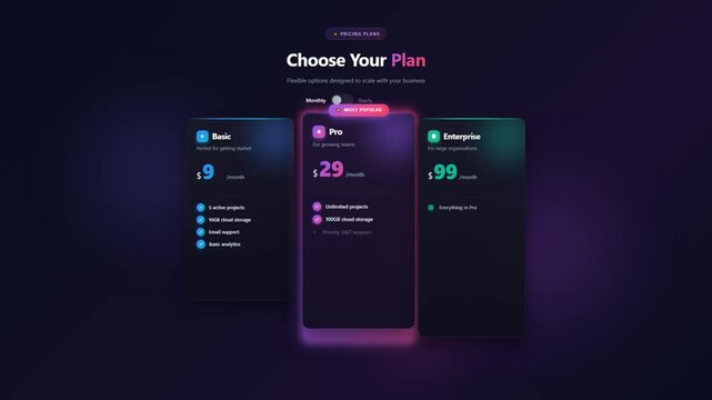 Subscription pricing plan comparison with basic pro and enterprise tiers showcasing monthly billing options