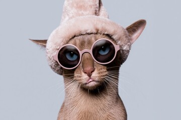 Domestic cat wearing a plush hat and round sunglasses looking at camera for festive season promotions, pet lifestyle advertising and humorous social media content