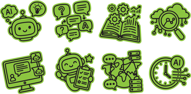 Set of artificial intelligence technology doodle icons in green with artificial intelligence technology automation learning software development computing innovation assistant