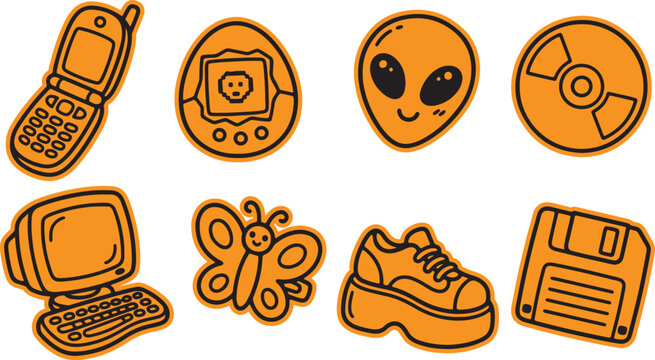 Set of retro 90s nostalgia orange doodle icons with nostalgia computer butterfly childhood technology 90sstyle collection software electronic