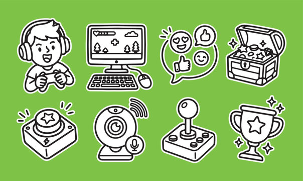 Hand drawn gamer and esports themed doodle set with digital gaming equipment social media computer controller treasure joystick illustration technology streamer keyboard