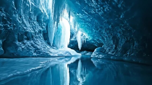 A serene view inside a deep blue natural ice cavern formation
