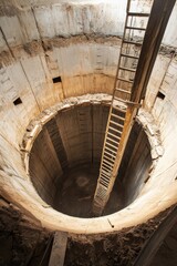 Fototapeta premium Deep construction site shows large round hole with a wooden ladder leading down