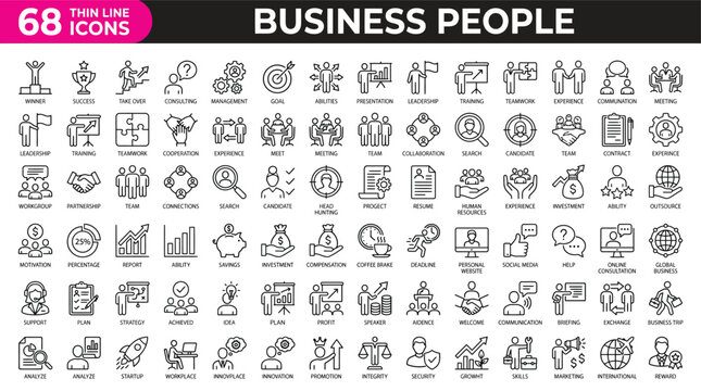 Business people line icons set. Businessman outline icons collection. Teamwork, human resources, meeting, partnership, meeting, work group, success, resume - stock vector.