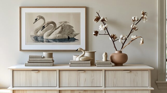 Light wood sideboard with swan art and dried cotton stems serves as a decorative vignette for home staging, interior design inspiration and furniture advertising