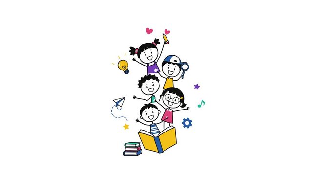 Happy children jumping out of an open book doodle. 4K Video