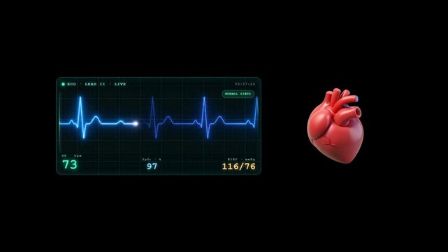3D animated red anatomical heart beating with ECG monitor displaying normal sinus rhythm and vital signs