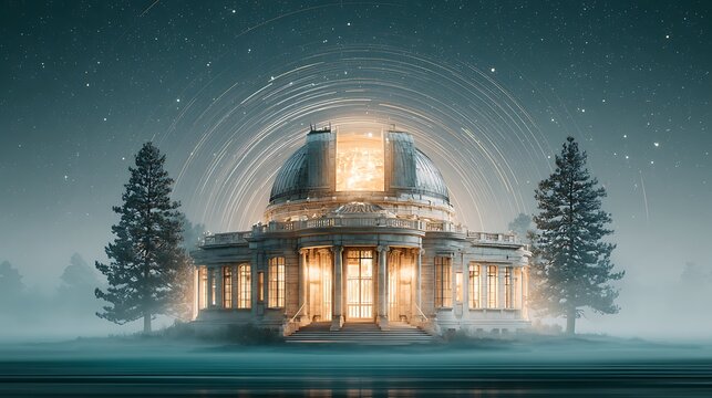 photograph of a classical stone observatory building at 3AM, twin flanking pine trees framing the domed rotunda, brilliant warm interior lights radiating from the pinnacle observation deck and 