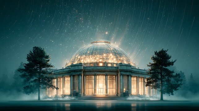 photograph of a classical stone observatory building at 3AM, twin flanking pine trees framing the domed rotunda, brilliant warm interior lights radiating from the pinnacle observation deck and 