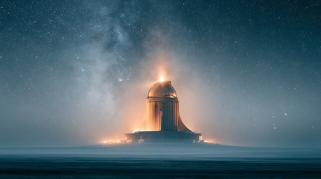 night photography of a monumental domed observatory standing erect at the heart of a vast dark-sky reserve, its tall cylindrical form rising from a level foreground plain into a breathtaking 