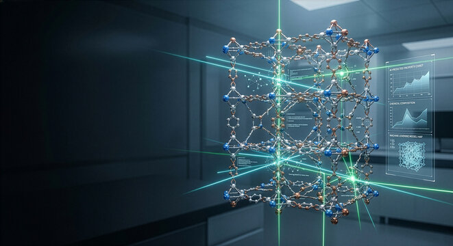 研究室でAIや機械学習を使い新材料の分子構造を解析・設計するマテリアルズインフォマティクスのCG