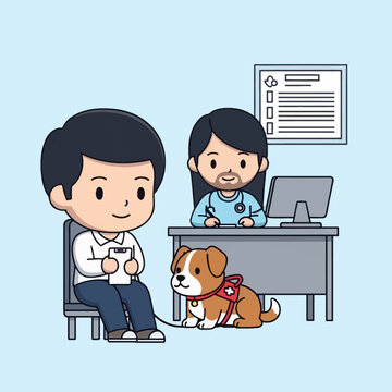 Chibi flat vector illustration of a male patient with a service dog visiting a female doctor in a medical clinic. The doctor sits at a desk with a computer and wall chart.