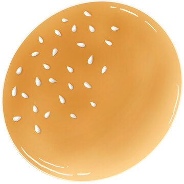 Minimal flat-style illustration of a sesame burger bun top view with soft shading and glossy highlights.