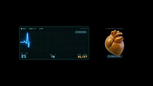 Animated ECG heart monitor showing flatline to normal sinus rhythm with 3D heart resuscitation sequence