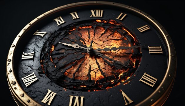Burned Ancient Clock Symbolizing Lost Time