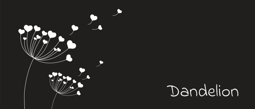 Vector illustration dandelion time. Black Dandelion seeds blowing in the wind. The wind inflates a dandelion isolated on a white background. heart dandelion.