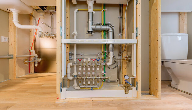 Detailed view of a modern bathroom plumbing installation behind wooden framing, featuring a water manifold, distribution pipes, and valves.