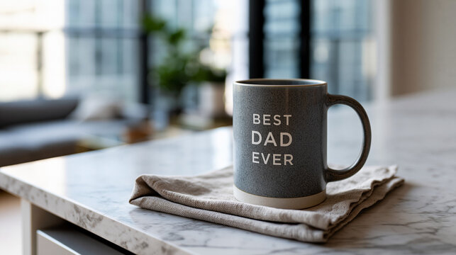 Mug with text Best Dad Ever on marble kitchen counter. Ceramic cup on linen napkin. Concept of Fathers day gift, celebration of fatherhood and morning routine for a beloved dad.