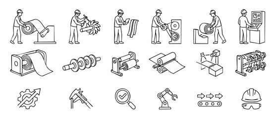 Fototapeta premium Steel slitting machine icon set for industrial metal coil processing and factory manufacturing workflows in clean black and white line art vector style showing workers, heavy equipment, and tools.