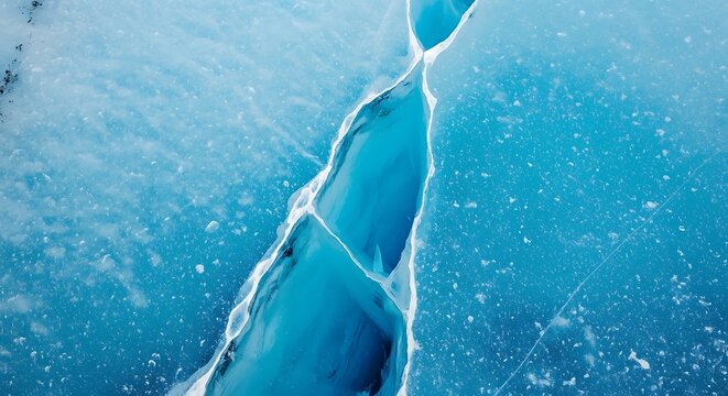 Aerial view of cracked blue ice texture on frozen lake.