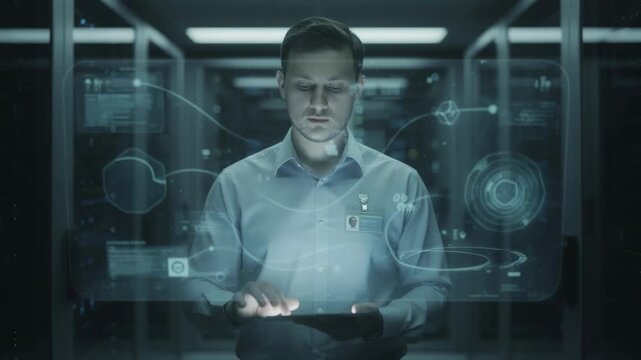 Focused medium shot of a secure server room technician monitoring distributed ledger transactions on a digital interface with servers softly out of focus behind.