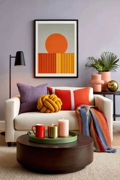 Contemporary cozy living room with colorful sofa, abstract artwork, textured pillows and modern decor