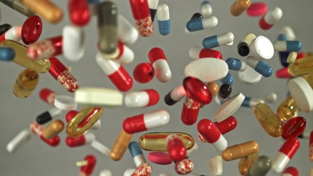 Colorful pills and capsules swirling in energetic cloud, varied shapes Filmed on a high-speed camera at 1000 fps.