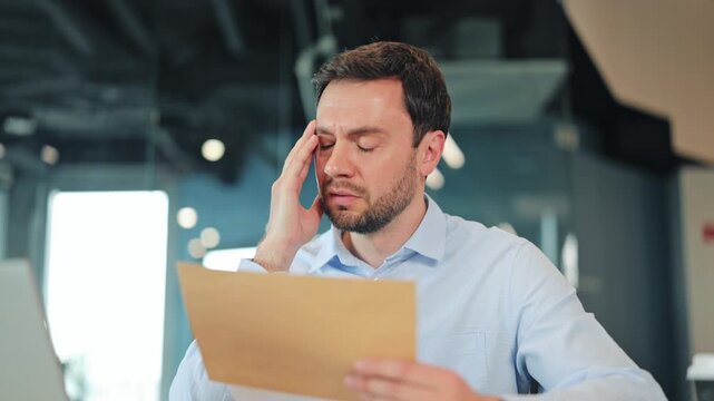 Close-up of serious businessman or IT specialist checking rejected document or invoice from envelope. Frustrated corporate worker, manager or freelance designer facing problems at office desk.