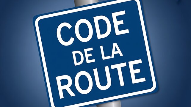 French Road Code Sign with Blue Background and White Typography, Traffic Regulation Concept, European Driving Rules Signage, Close Up of Code de la Route Text