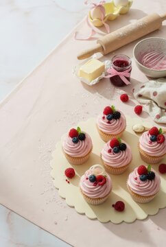 Assortment of berry-topped cupcakes displayed for food marketing, bakery promotion, dessert menu design, and digital advertising campaigns.
