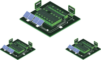 Isometric vector illustration of solar panels connected to battery energy storage system BESS for renewable power and sustainable electricity,. © Mousumi