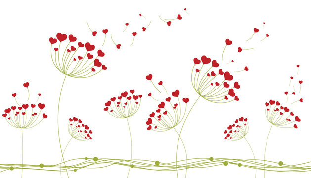 Dandelion with hearts. Happy Valentine's day greeting card. Lovely romance flower. Congratulation with Love. Valentine's day Vector illustration background.