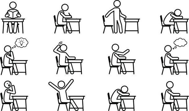 Student classroom behavior icons collection, school learning emotions and study activity illustration, academic performance and concentration concept