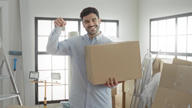 Man holding cardboard box and keys, hand raised showing key inside building with packed boxes around; new home happiness.